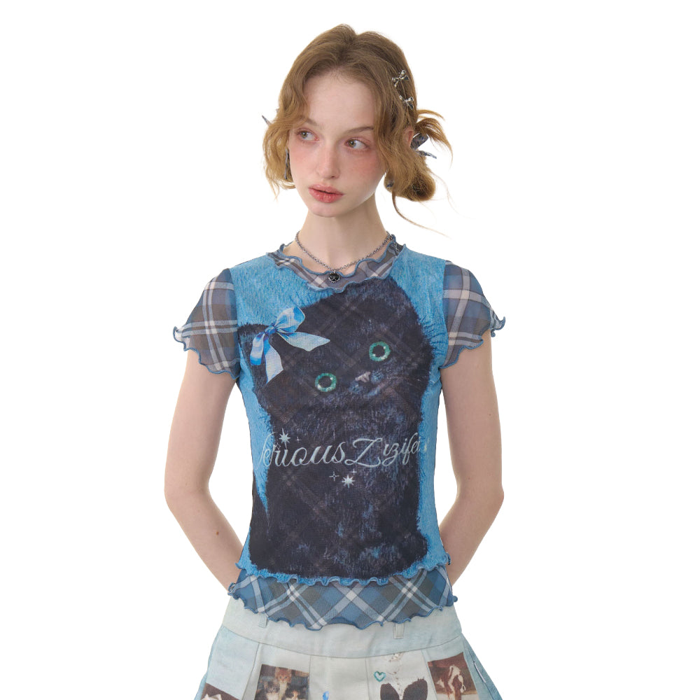 Cat Print Mesh Tee