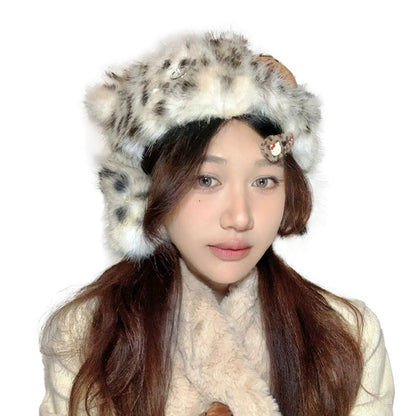 Leopard Faux Fur Bear-Ear Hat