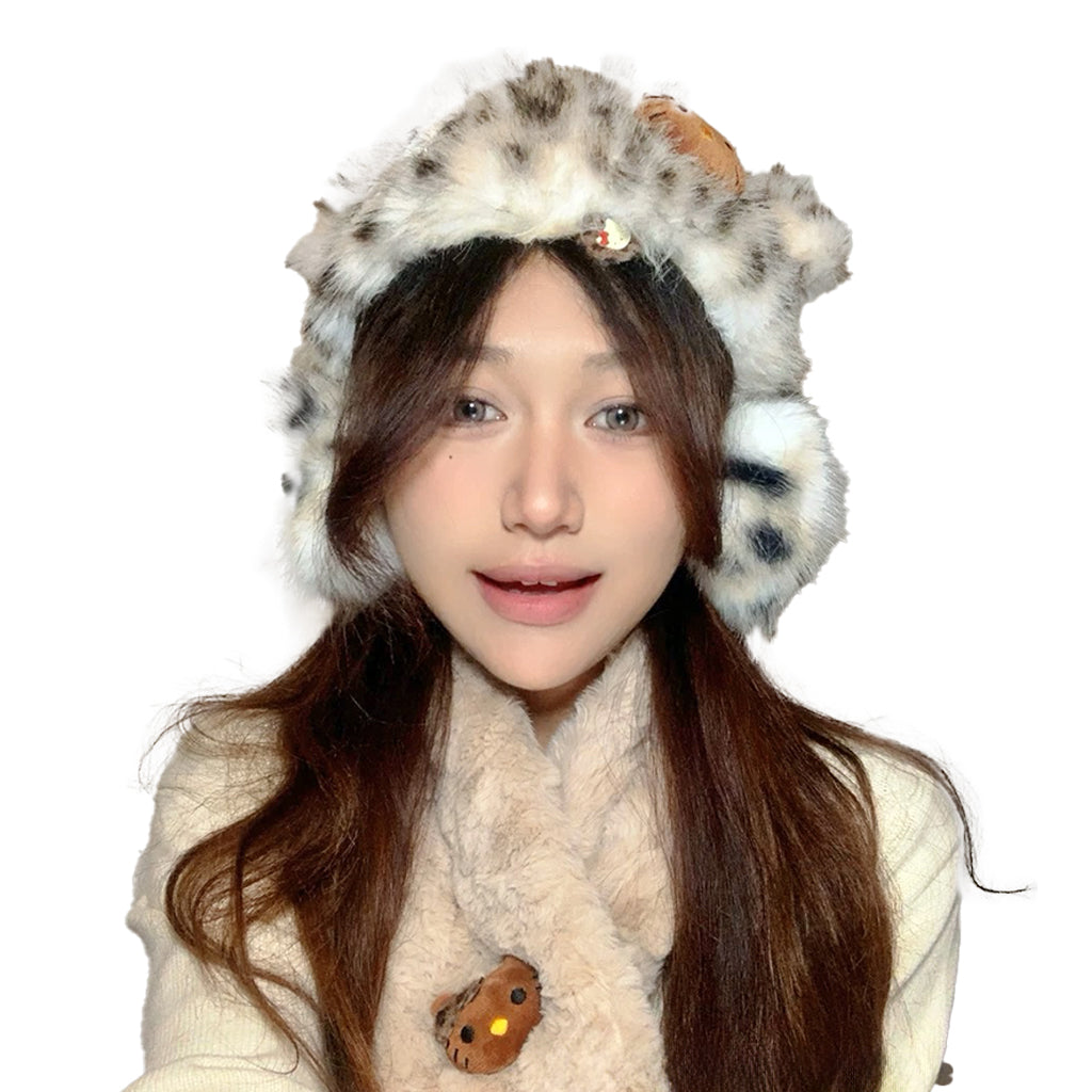Leopard Faux Fur Bear-Ear Hat